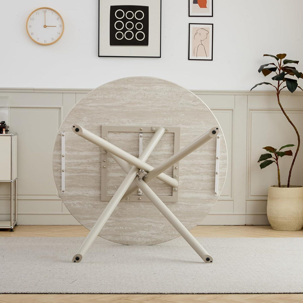 Rundes Esszimmer-Set mit 4 Leinenstühlen (Hellgrau + Beige)