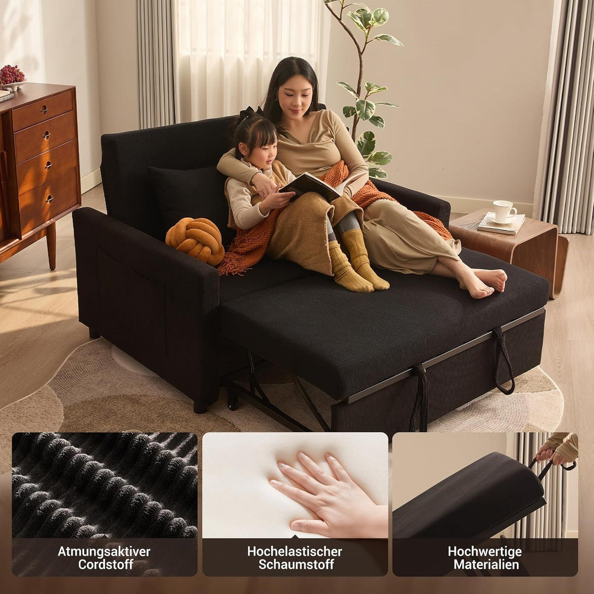 Schlafsofa 2-Sitzer Cordstoff – Ausziehbares Bett mit Verstelllehne