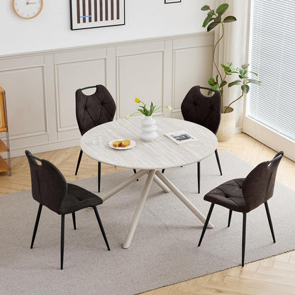 Rundes Esszimmer-Set mit 4 Leinenstühlen (Hellgrau/Schwarz)