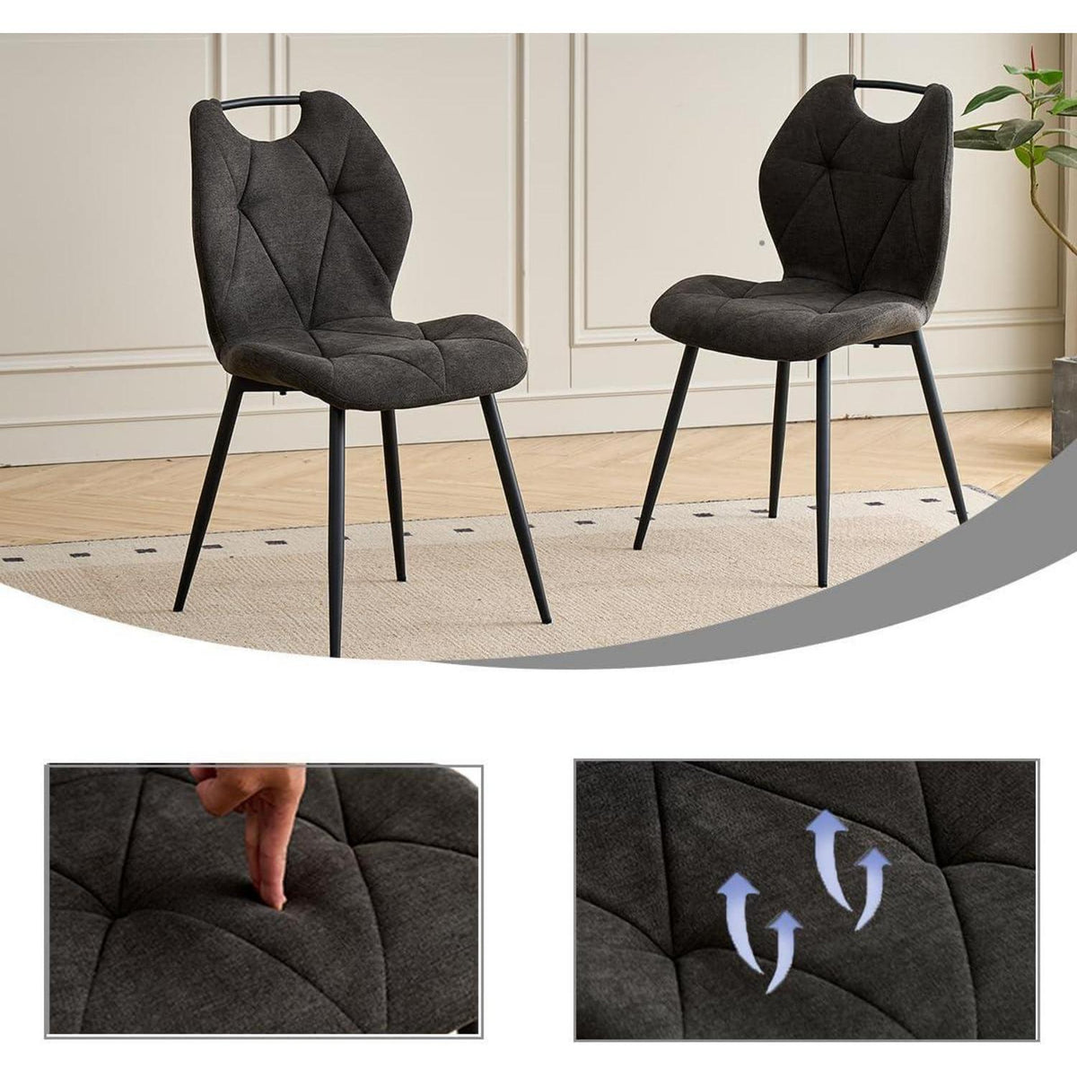 Rundes Esszimmer-Set mit 4 Leinenstühlen (Hellgrau/Schwarz)