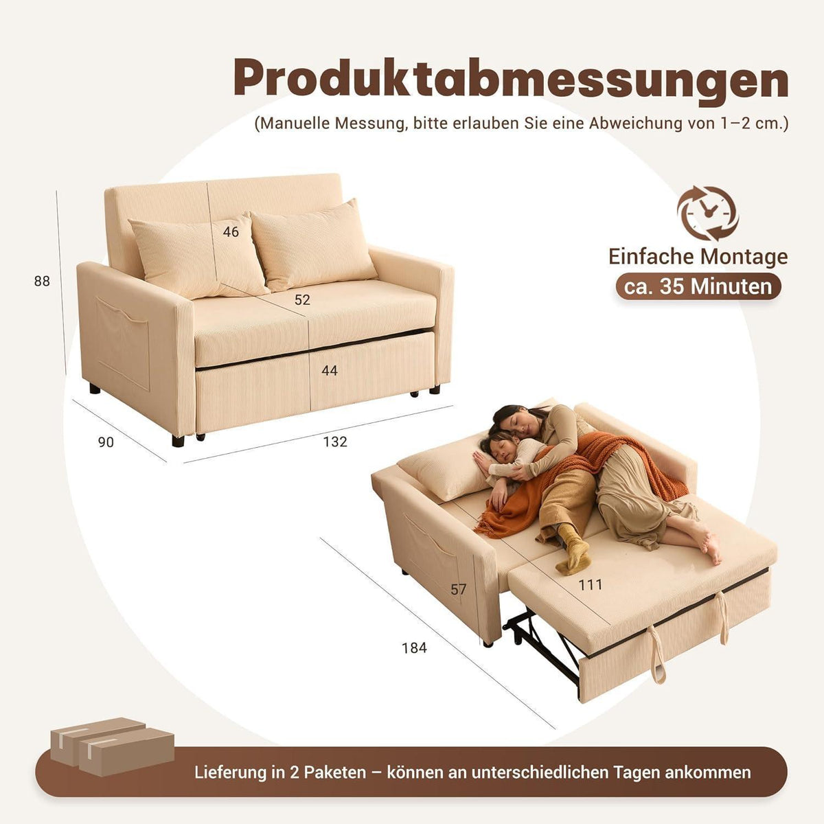 Schlafsofa 2-Sitzer Cordstoff, Ausziehbar & Verstellbar, Beige