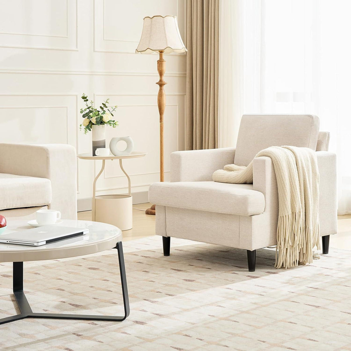 Übergroßer Leinen-Akzentstuhl – Bequemer Wohnzimmer-Sessel Beige