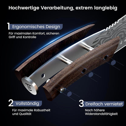 Japanisches Küchenmesser Set | 3-teilig | Damaststahl & Holzgriff