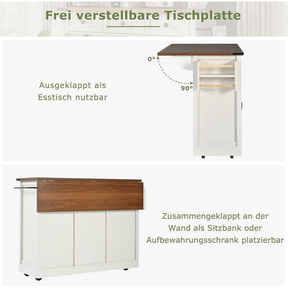 Mobile Kücheninsel mit Klappbarer Arbeitsplatte, Beige