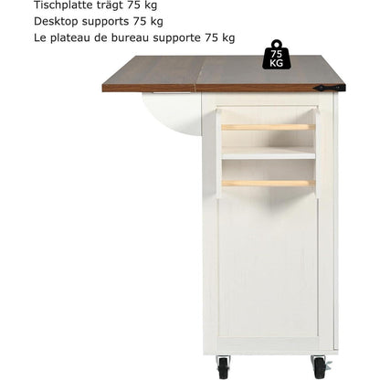 Mobile Kücheninsel mit Klappbarer Arbeitsplatte, Beige