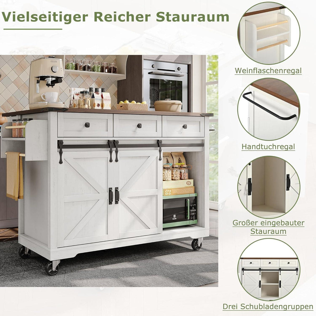 Mobile Kücheninsel mit Klappbarer Arbeitsplatte, Beige