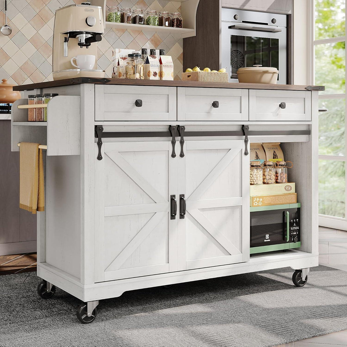 Mobile Kücheninsel mit Klappbarer Arbeitsplatte, Beige
