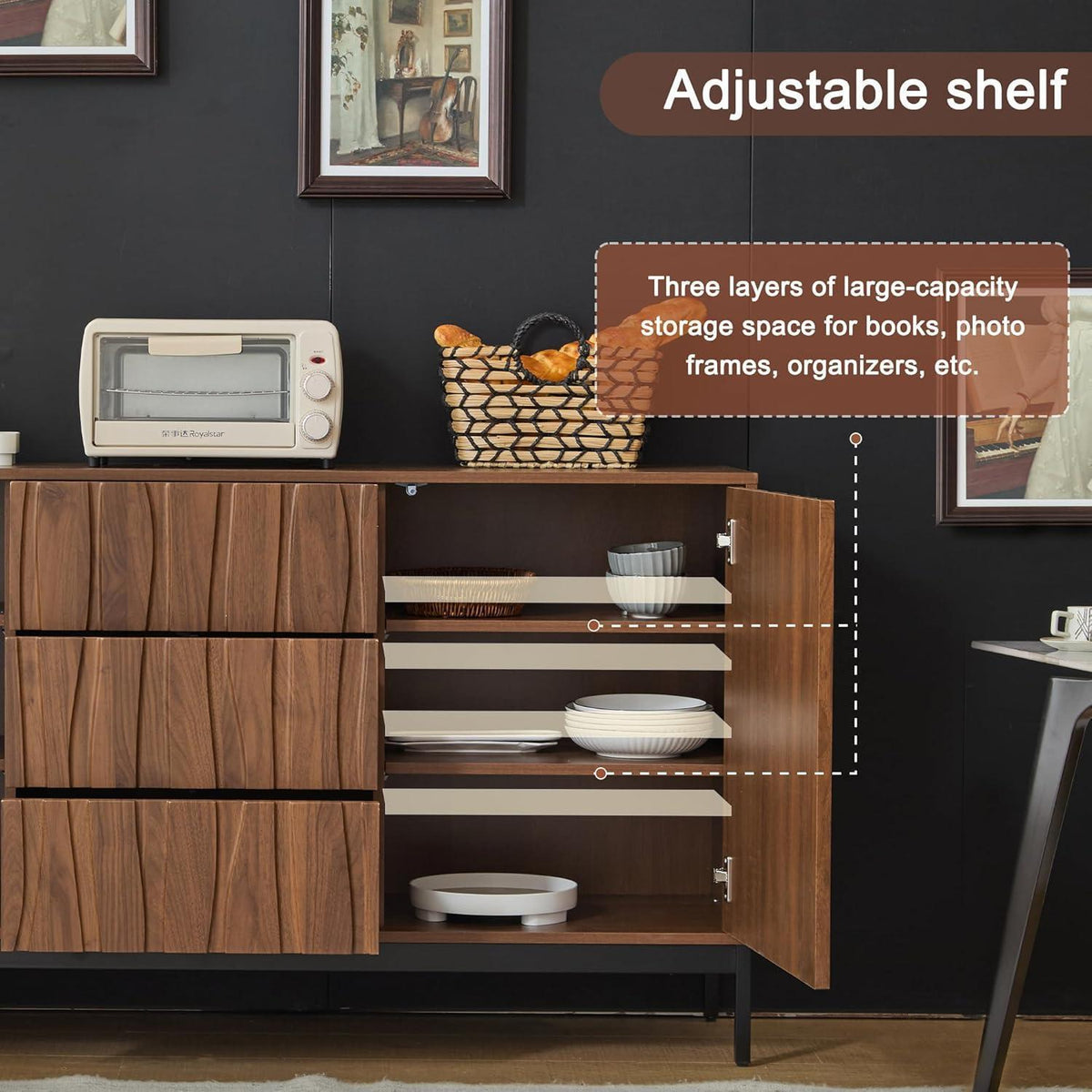 Sideboard Eiche dunkel - 150cm, 3 Schubladen & verstellbare Regale