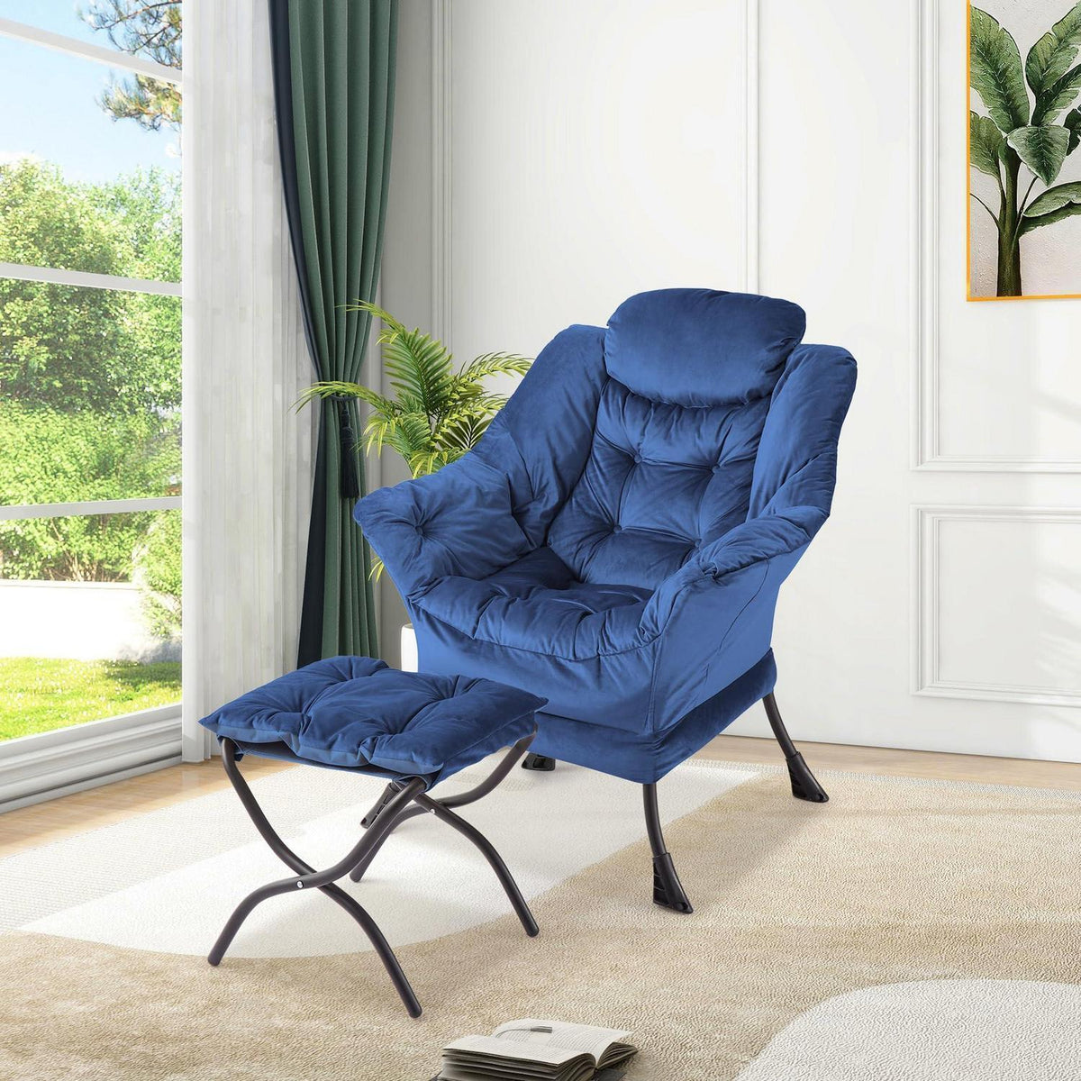 Lazy Chair mit Ottomane – Bequemer Lesesessel Marineblau