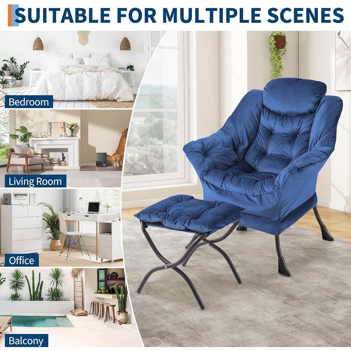 Lazy Chair mit Ottomane – Bequemer Lesesessel Marineblau