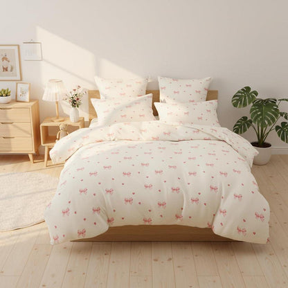 Bettwäsche Set Mädchen 135x200 Beige Rosa Schleifen Herzen