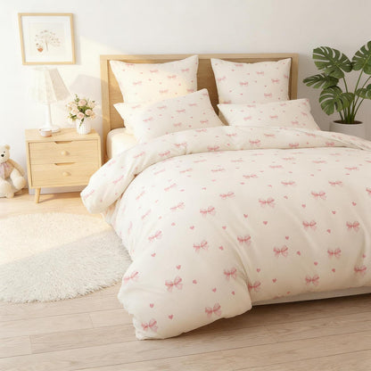 Bettwäsche Set Mädchen 135x200 Beige Rosa Schleifen Herzen