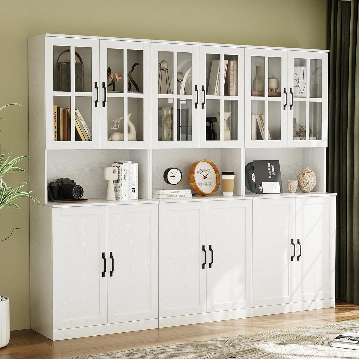 Bücherregal mit Glastüren & offener Fach | 180cm Hochschrank (2er Set)
