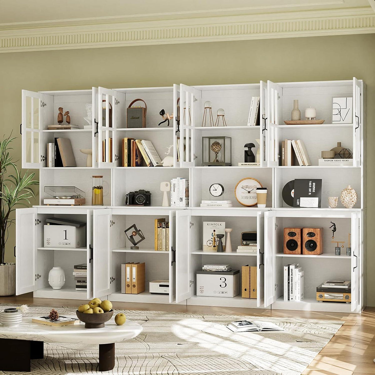 Bücherregal mit Glastüren & offener Fach | 180cm Hochschrank (2er Set)