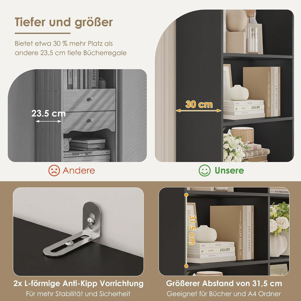 Bücherregal 180 cm mit 4 Schubladen & 8 Fächern – Schwarz
