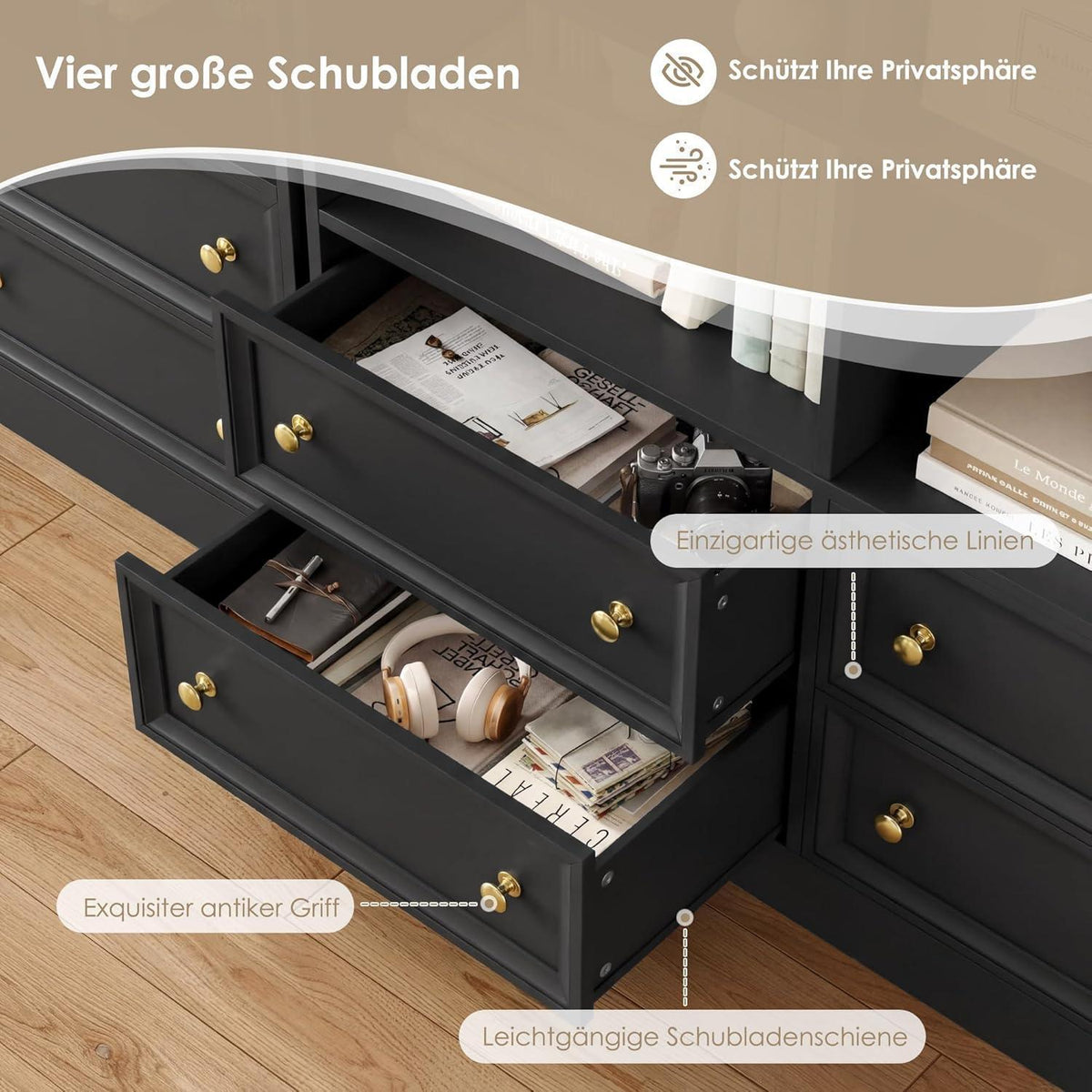 Bücherregal 180 cm mit 4 Schubladen & 8 Fächern – Schwarz