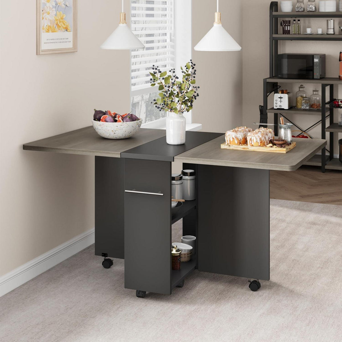 Klappbarer Esstisch mit Rollen & Ablagen – Grau, 120x60x75cm