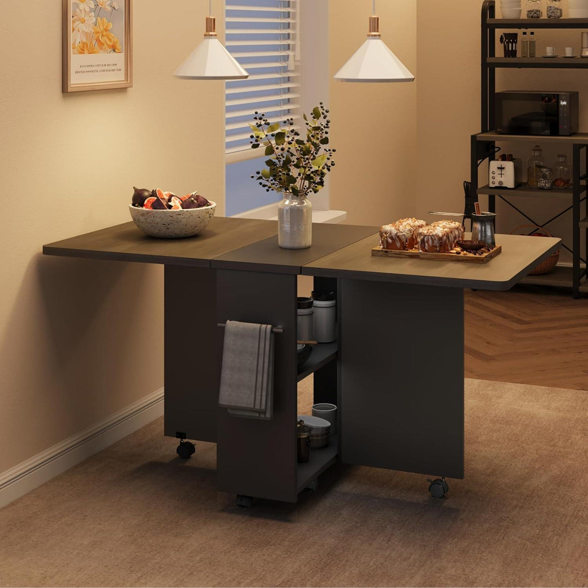 Klappbarer Esstisch mit Rollen & Ablagen – Grau, 120x60x75cm