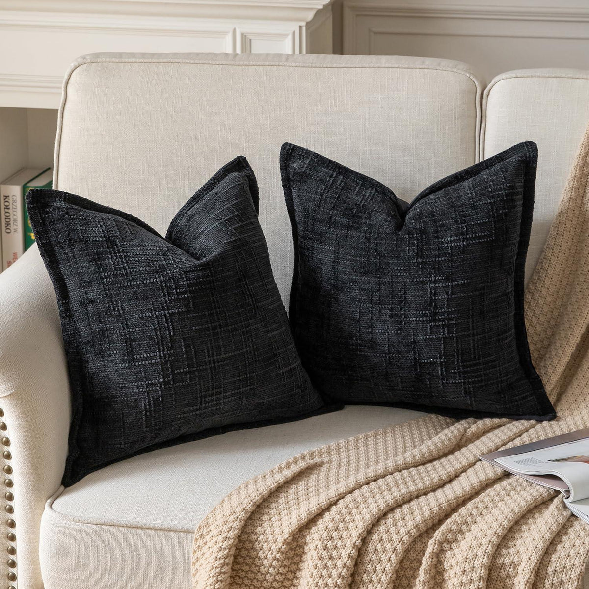 2x Kissenbezug Chenille 45x45 Schwarz – Weicher Samtzauber