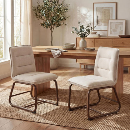 Moderne Esszimmerstühle 2er Set, Beige Leinen & Metallgestell