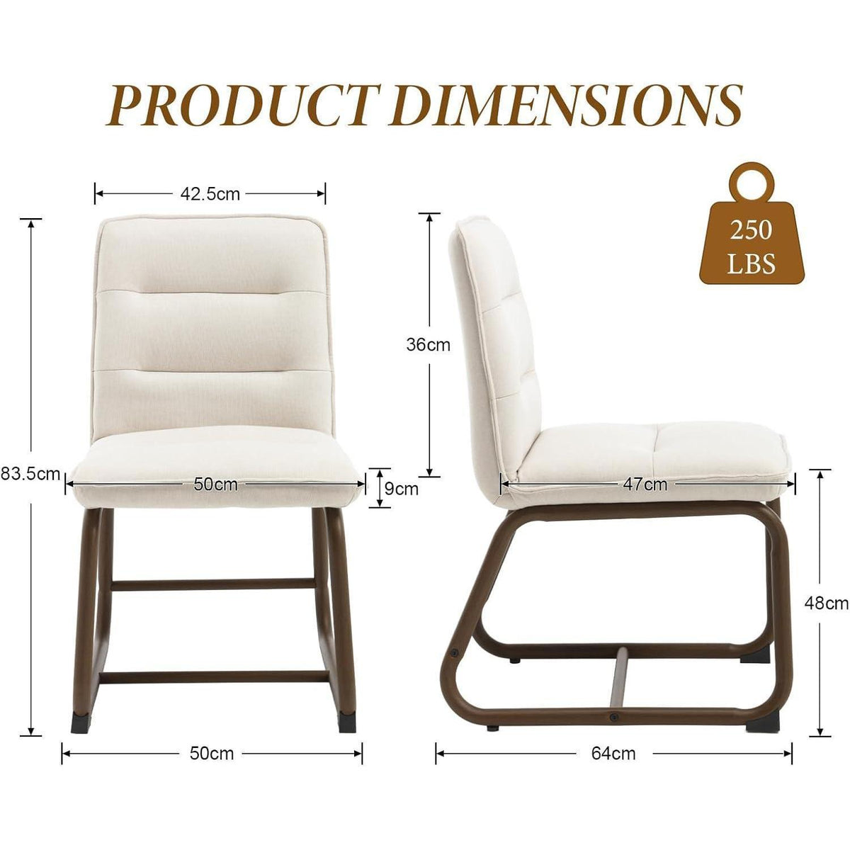 Moderne Esszimmerstühle 2er Set, Beige Leinen & Metallgestell