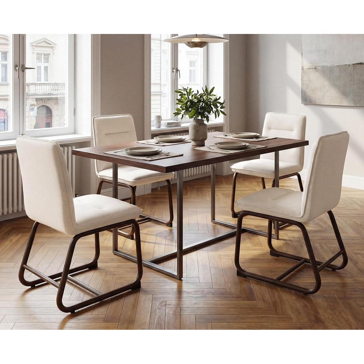 Moderne Esszimmerstühle 2er Set, Beige Leinen & Metallgestell