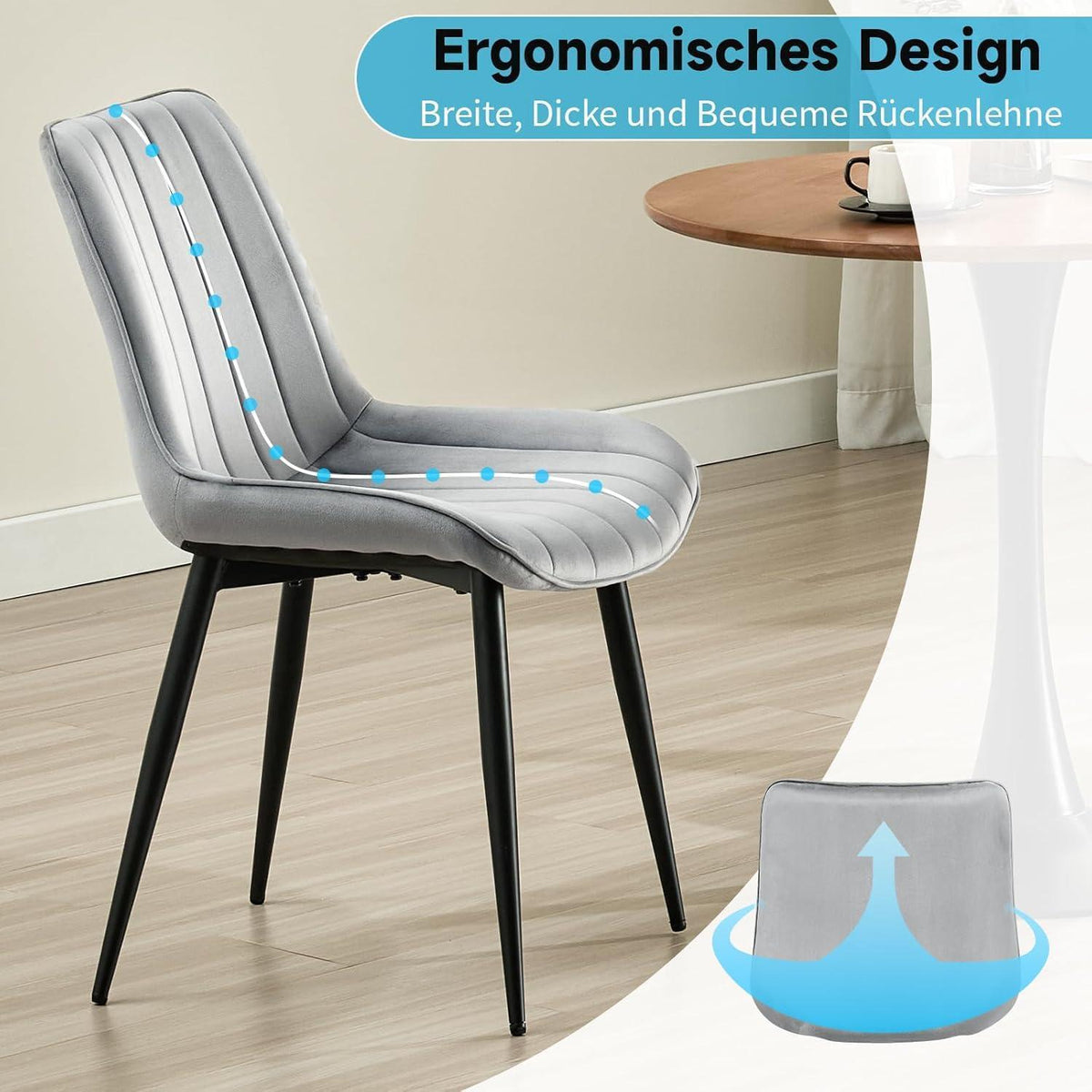 Samt Esszimmerstühle Set 4 - Grau & Schwarz Metallbeine