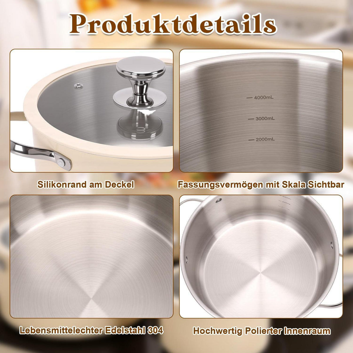 Edelstahl Kochgeschirr-Set Keramikbeschichtet Beige