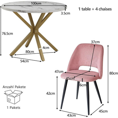 Runder Esstisch Set mit 4 Cord-Stühlen – Rosa & Marmor