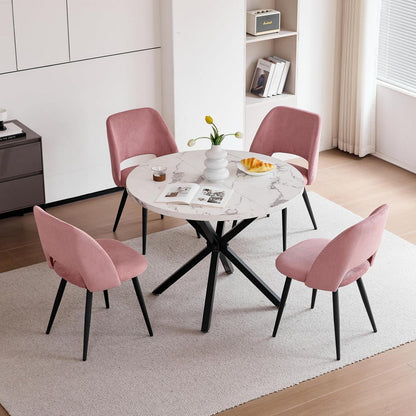 Runder Esstisch Set mit 4 Cord-Stühlen – Rosa & Marmor