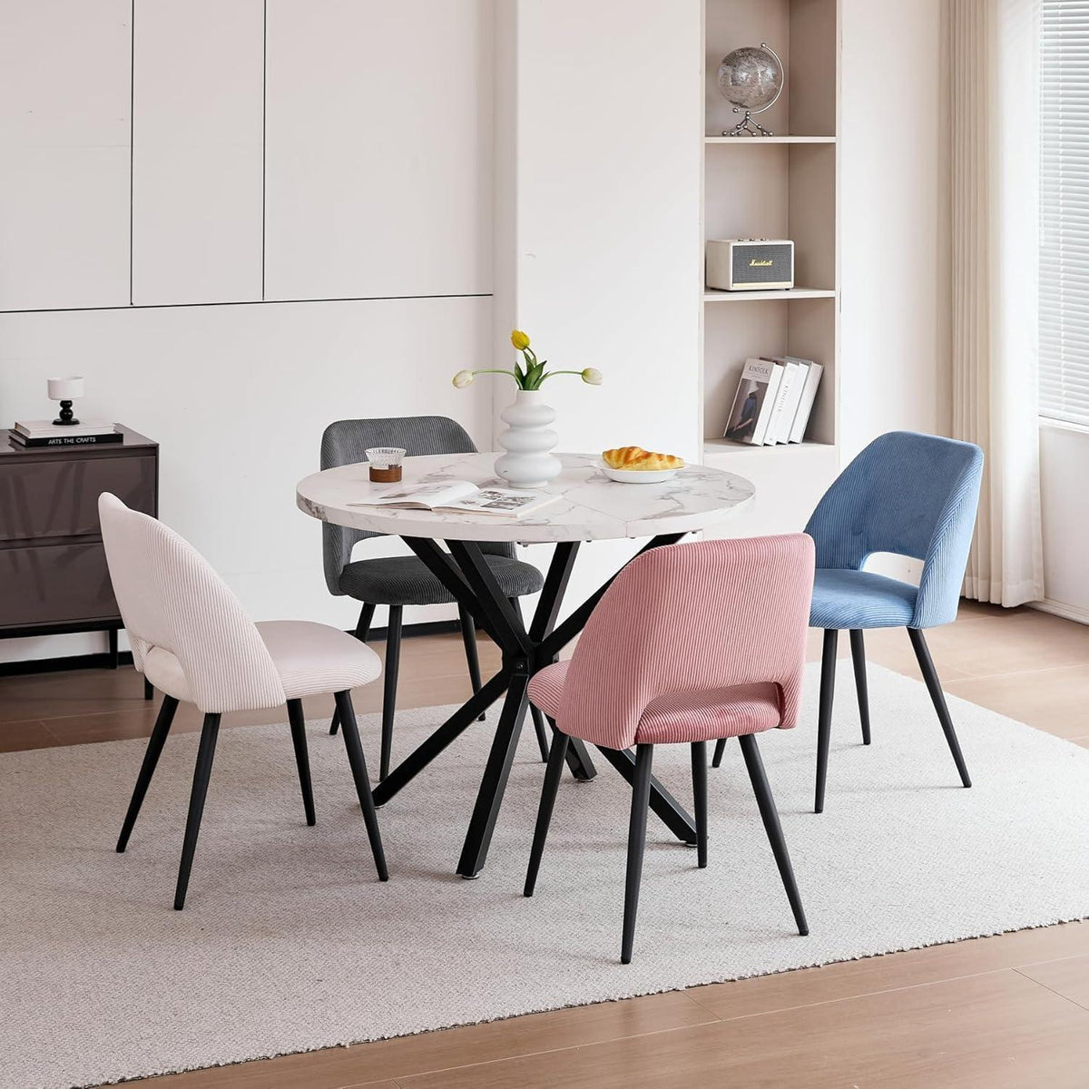 Runder Esstisch Set mit 4 Cord-Stühlen – Modern & Komfortabel