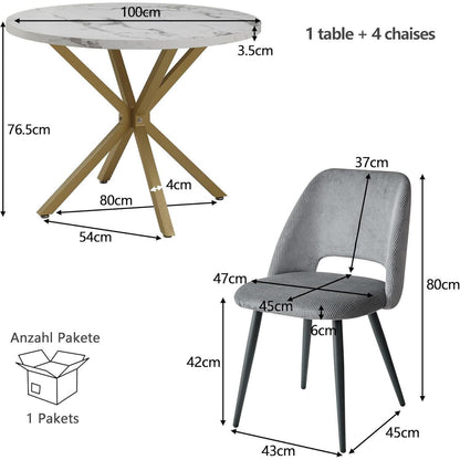 Runder Esstisch Set mit 4 Cord-Stühlen – Modernes Esszimmer Set