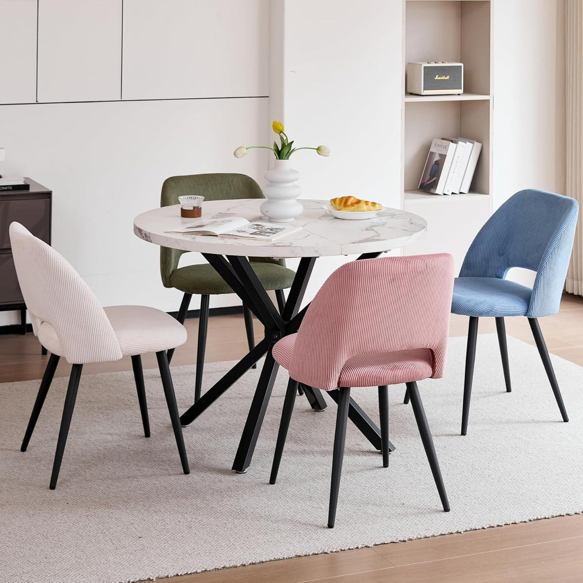 Runder Esstisch Set mit 4 Cord-Stühlen – Modern & Komfortabel