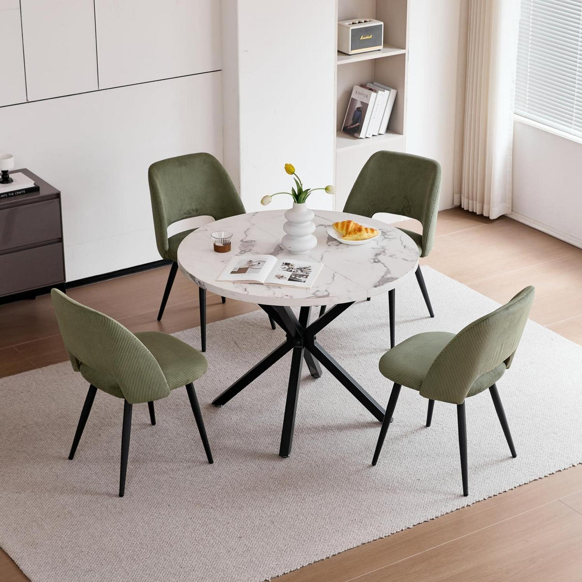 Runder Esstisch Set mit 4 Cord-Stühlen – Modern & Komfortabel