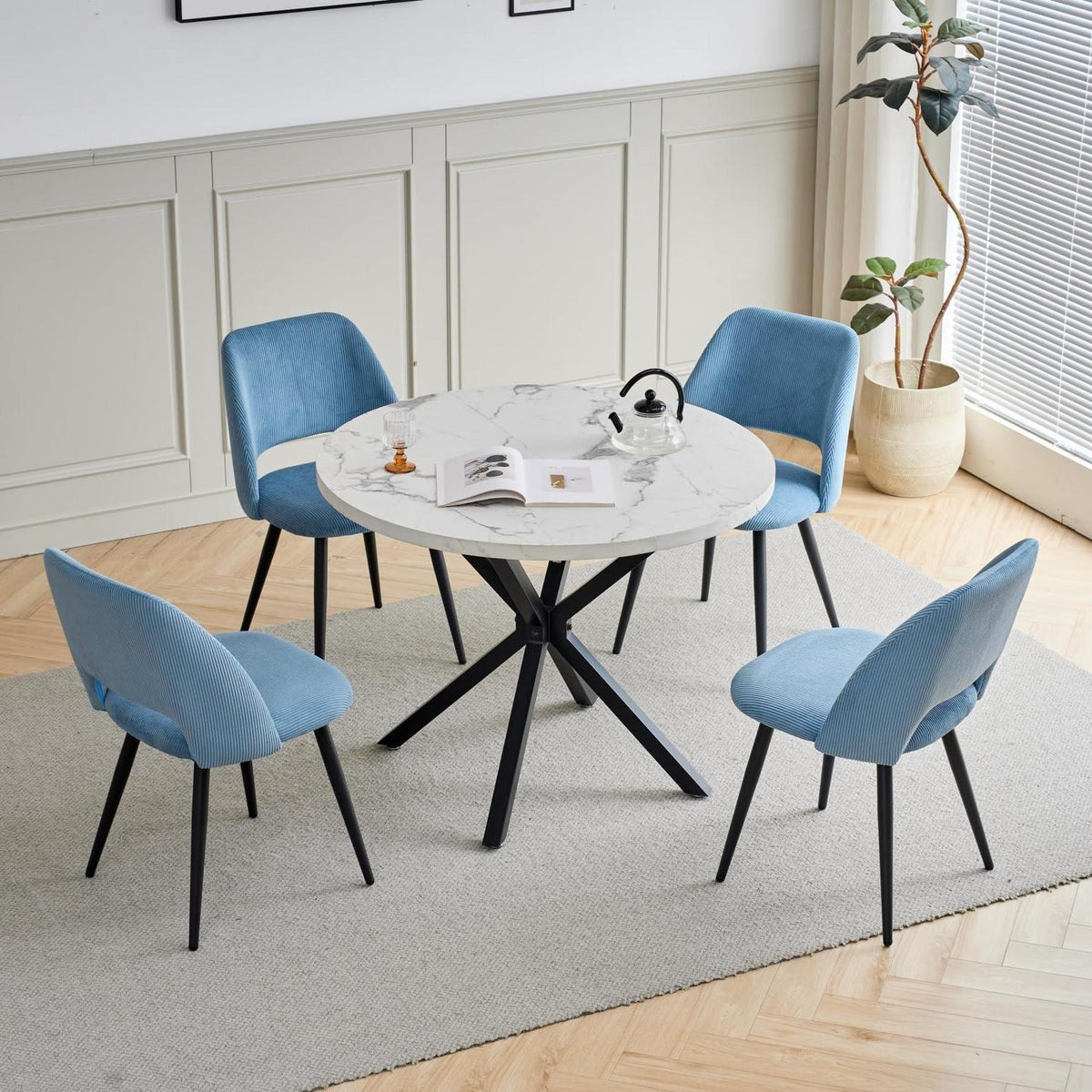 Runder Esstisch Set mit 4 Cord-Stühlen – Blau & Marmor