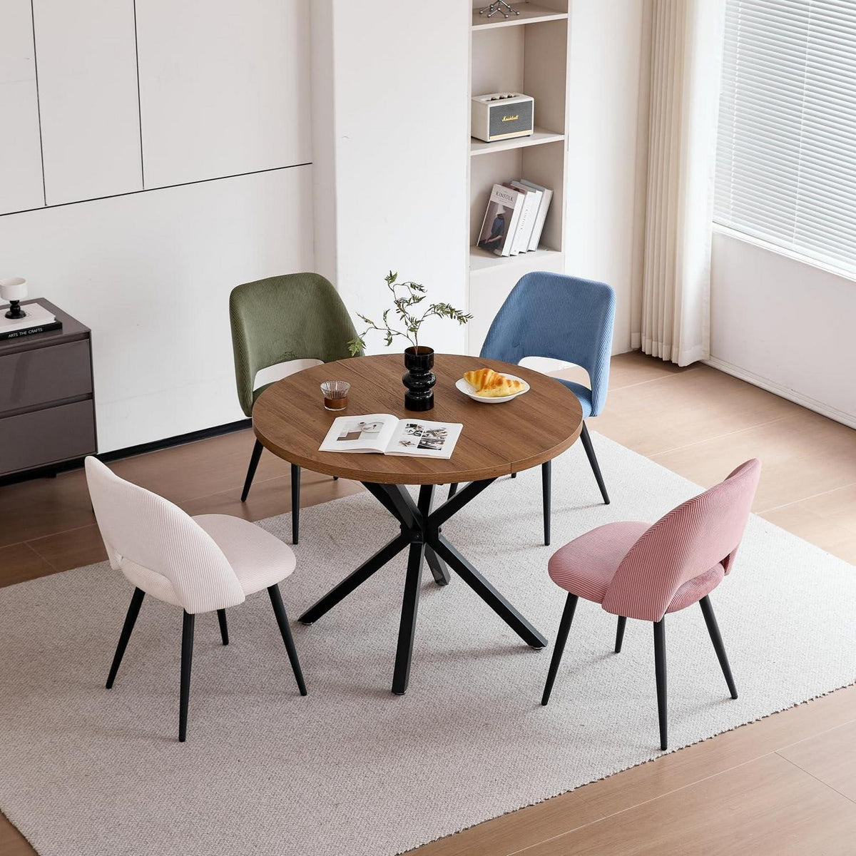 Runder Esstisch Set mit 4 Cord-Stühlen – Modern & Komfortabel