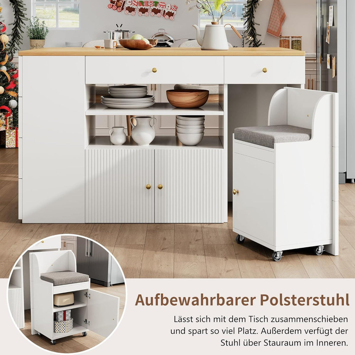 Kücheninsel weiß mit Barhockern & Schubladen (140x40x89cm)