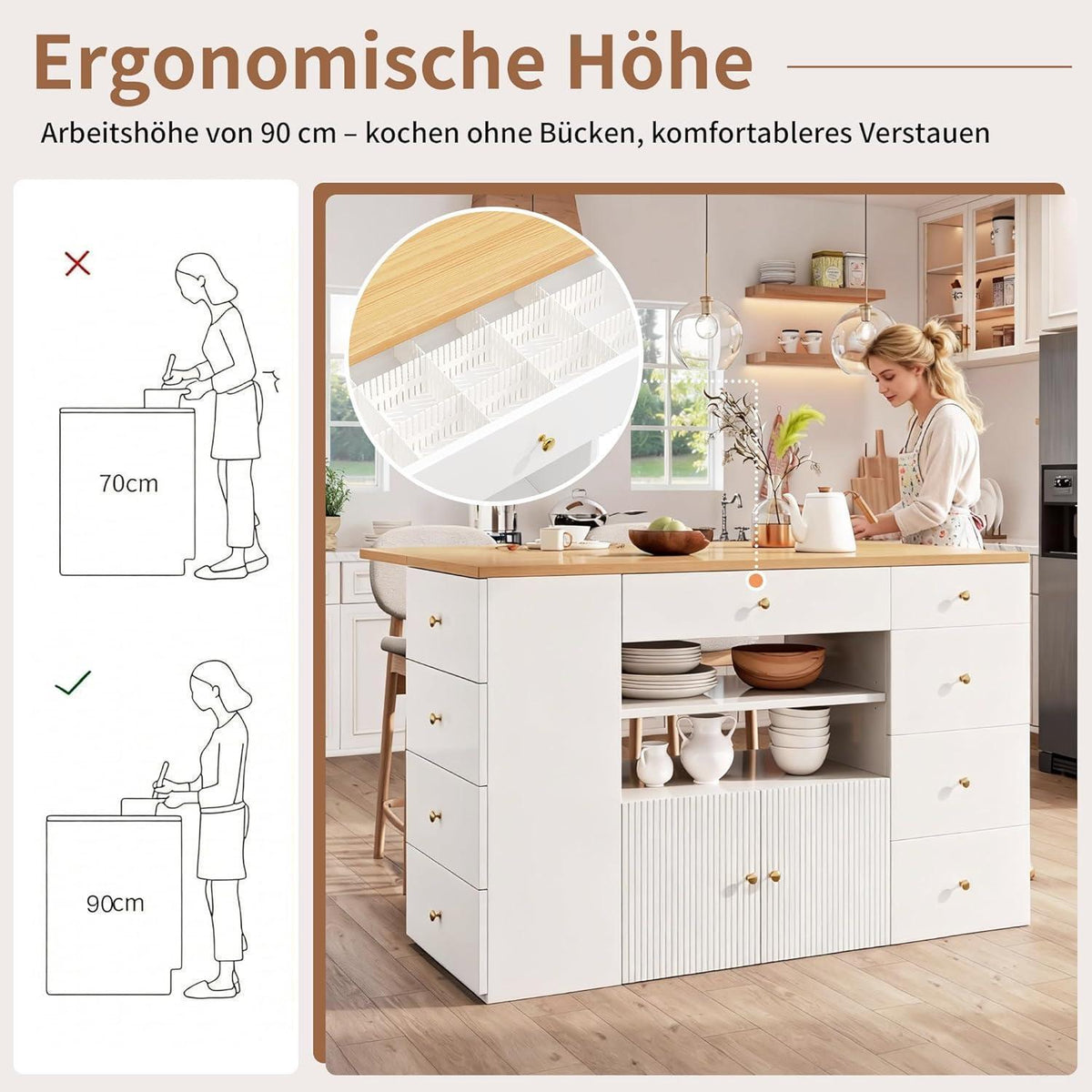 Kücheninsel weiß mit Barhockern & Schubladen (140x40x89cm)