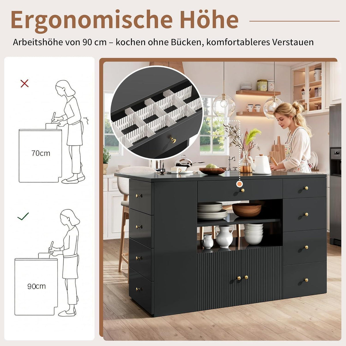 Kücheninsel mit Arbeitsplatte & Hockern – Schwarz
