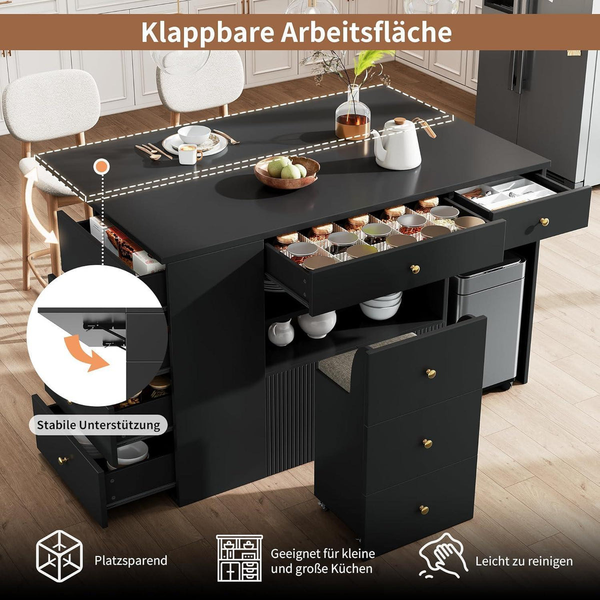 Kücheninsel mit Arbeitsplatte & Hockern – Schwarz