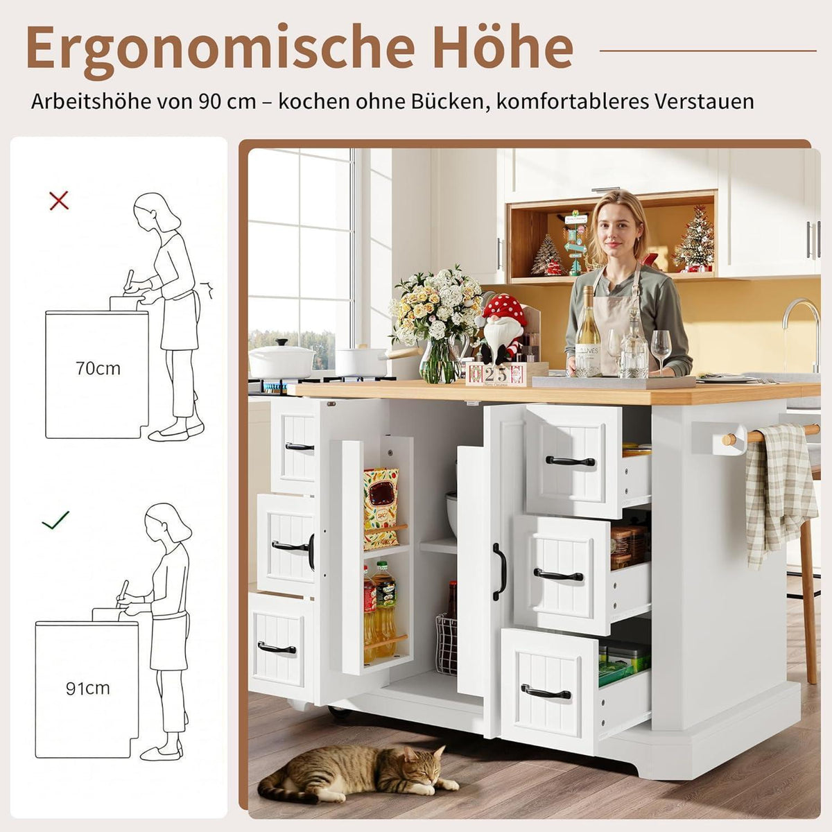 Küchenwagen mit Rollen & Ausziehbarer Arbeitsplatte Weiß