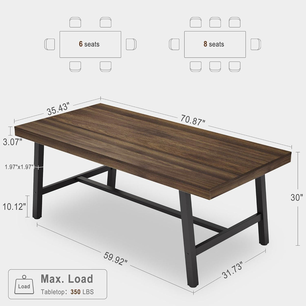 Langer Esstisch 180cm Holzoptik Industrial Stil für 6-8 Personen