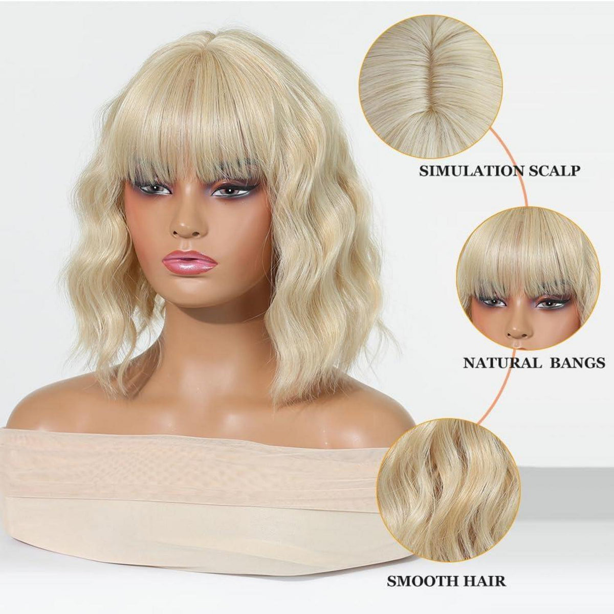 Blonde Bob Perücke mit Pony – Schulterlang, Wellig, Synthetisch