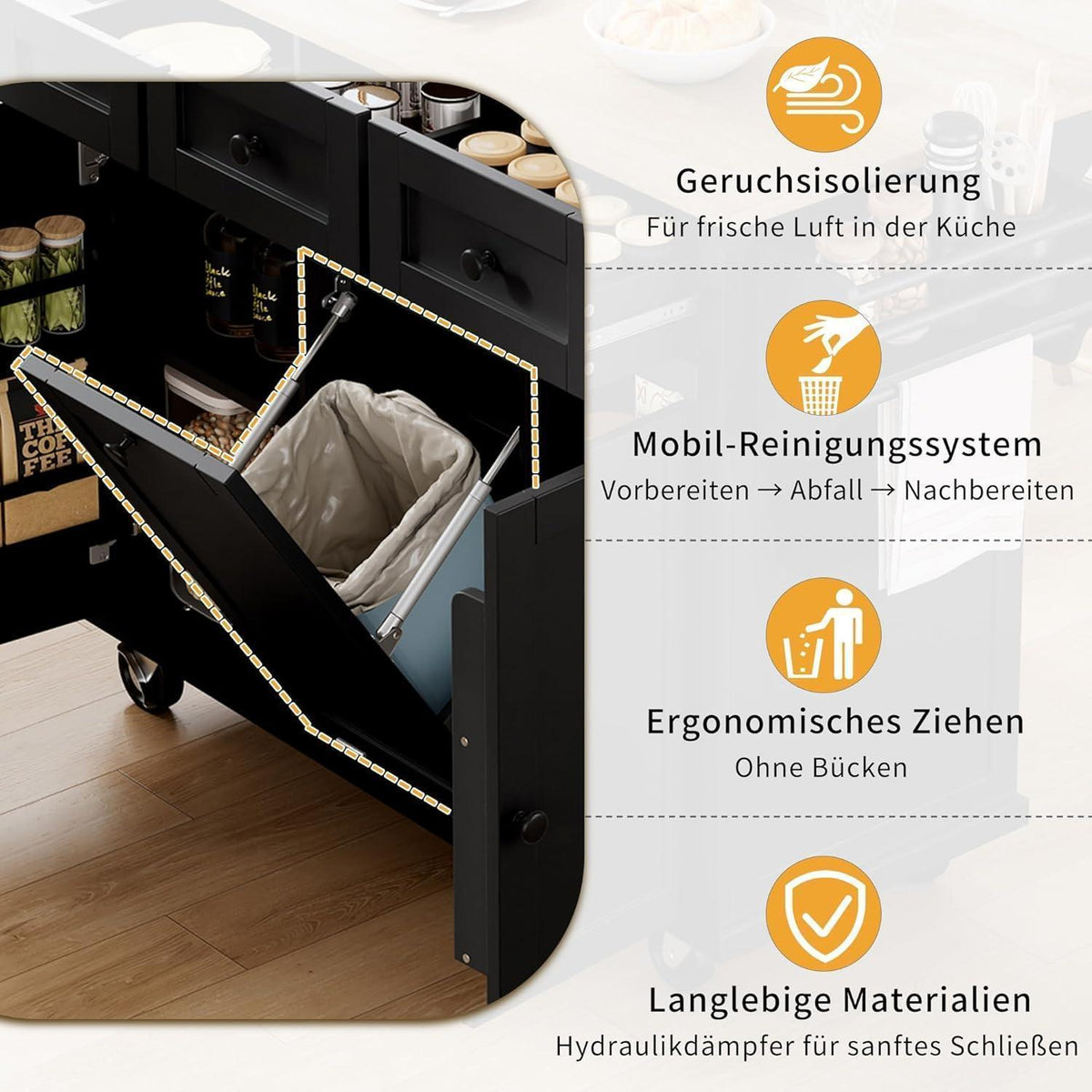 Mobile Kücheninsel mit Ausziehtisch & Abfallbehälter (Schwarz)
