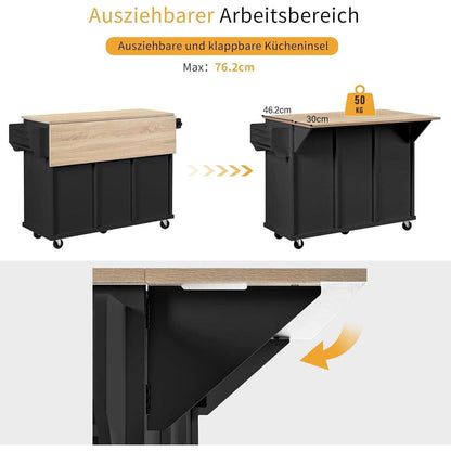 Mobile Kücheninsel mit Ausziehtisch & Abfallbehälter (Schwarz)