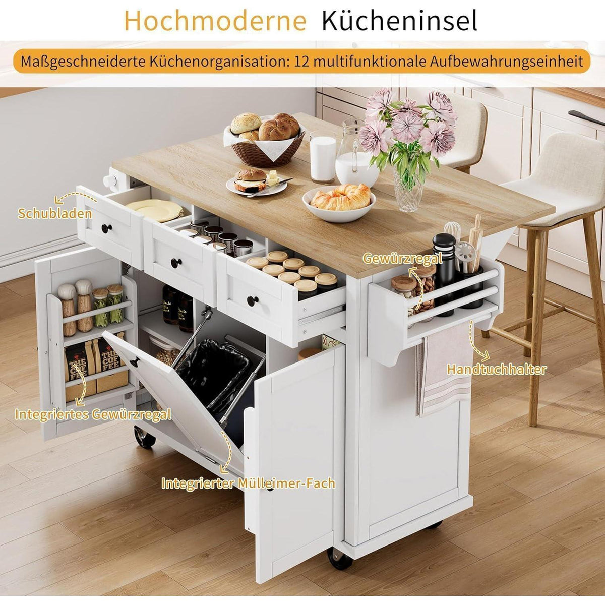 Mobile Kücheninsel weiß mit Ausziehtisch & Abfallbehälter