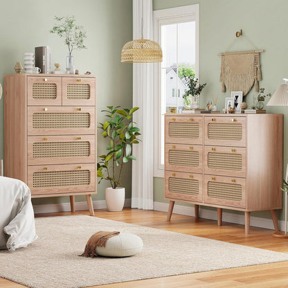 Kommode 5 Schubladen Holz Rattan Boho Sideboard mit Anti-Kipp-Sicherung