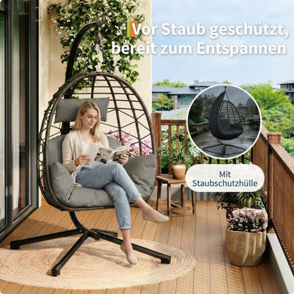 Rattan Hängesessel mit Gestell – Klappbar & Wetterfest – Grau