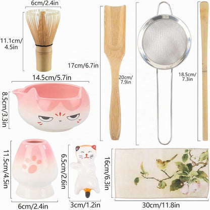 Matcha Set 8-teilig mit Katzenmotiv – Rosa Matcha Tee Zubehör