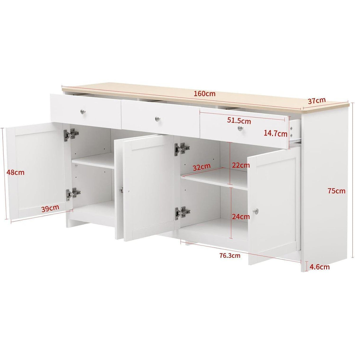Küchenschrank mit 3 Schubladen & 4 Türen – Weiß & Holz